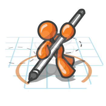 An orange man with a mechanical pen laying down circles for a design.