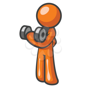An orange man curling a dumbbell working out for fitness.