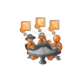 Three orange men at a cafe table with computers. RSS, Chat, and Links are symbolized above. 