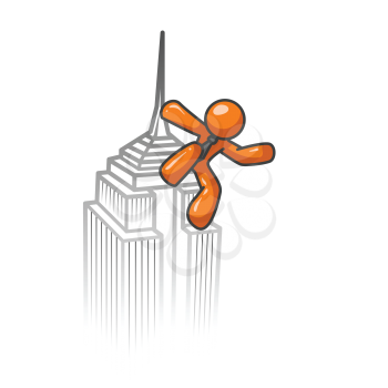 An orange man climbing a sky scraper, as if to be a mighty monster on top of the world!