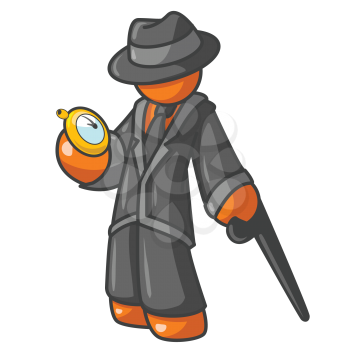 An orange man holding a stop watch while holding a stylish cane and wearing a hat. He looks good!