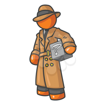 An orange man detective holding a box with something in it, but no one knows what, as shown by the question mark. 