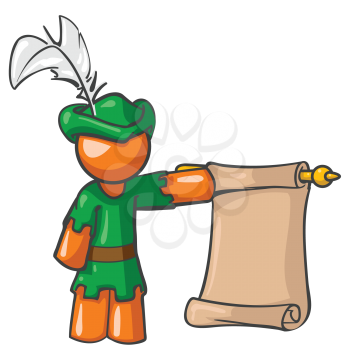 A vector illustration of an orange man dressed as a pageboy holding a scroll.