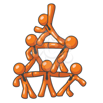 Six orange men forming a human pyramid as a symbol of cooperation, success, and teamwork.