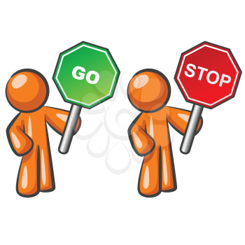 Two orange men holding Stop and Go signs. 