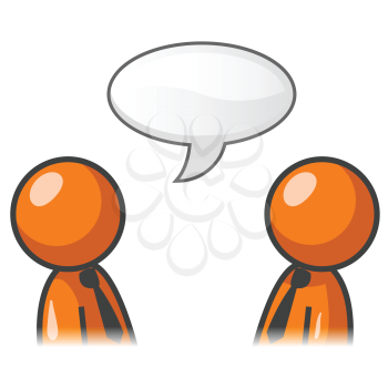 Two orange men talking with a word bubble. 