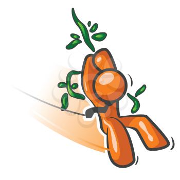 An orange man swinging on a vine like a hero, with his necktie flapping in the wind.