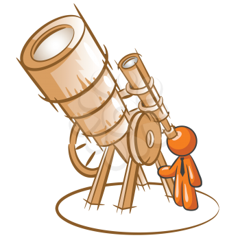 Orange man peering through old fashioned telescope, da vinci style. 