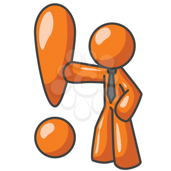 An orange man leaning up against an exclamation point. 