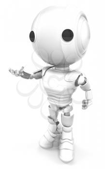 A robot holding out his hand in a friendly manner, perhaps talking or inviting or even presenting your product!