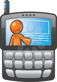 Royalty Free Clipart Image of an Orange Man on a PDA phone.