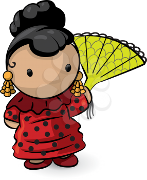A spanish girl with red dress holding a fan. Cute. Her name is Margarita.
