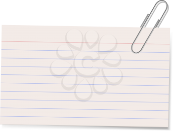 A vector illustration of an index card held by a paper clip casting a soft shadow. Good blank stationary element.
