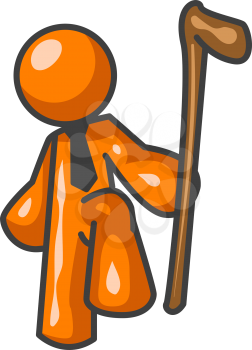 An orange man with a tie on holding a walking stick, an authoritative pose.