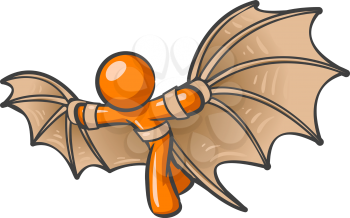 An orange man using a flying contraption he invented, in the style of old da vinci type drawings.