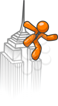 Orange person climbing a building king kong style