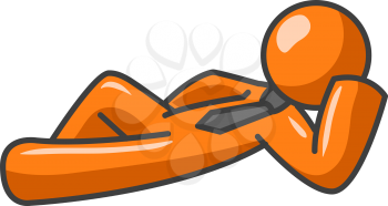 An orange man relaxed and lying down resting his head on his hand.