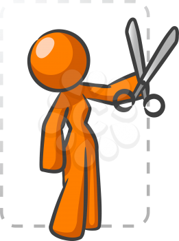 An orange lady against a big dotted lines to suggest cutting coupons.