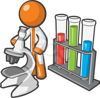 Orange person scientist with microscope and vials
