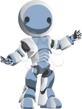 A bright white and blue robot presenting an idea in an attractive manner.