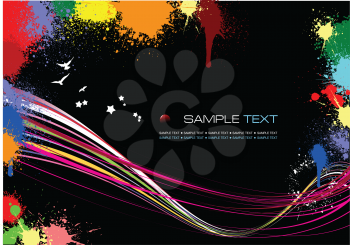 Royalty Free Clipart Image of a Blotted Background With Coloured Lines and Birds