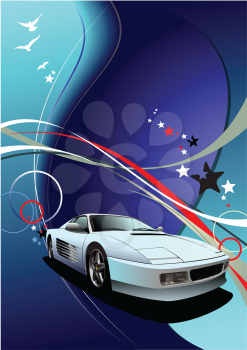 Royalty Free Clipart Image of a Car on a Blue Background With Streamers Stars and Birds