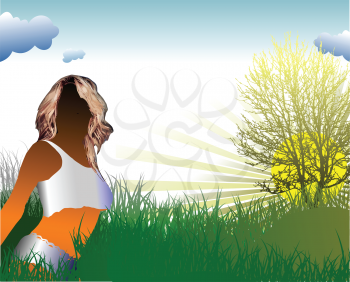 Royalty Free Clipart Imag of a Faceless Woman on a Country Background