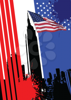 Royalty Free Clipart Image of a Flag at the Empire State Building With Stars and Stripes at the Sides