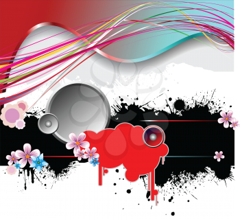 Royalty Free Clipart Image of a Background With Swirly Colours at the Top, a Black Blob, and Flowers