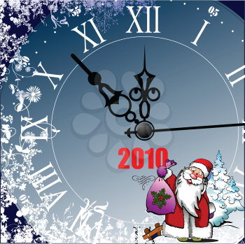 Royalty Free Clipart Image of a New Year's Clock With Santa in the Corner