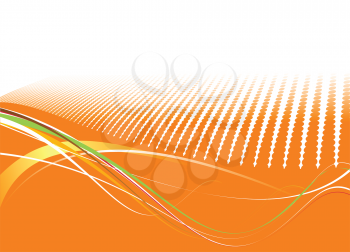 Royalty Free Clipart Image of an Orange Background Radiating White Dots at the Top and Coloured Swirls at the Bottom