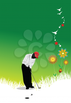 Royalty Free Clipart Image of a Golfer on a Summer Background