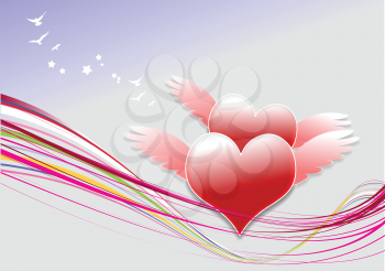 Royalty Free Clipart Image of Two Pink Winged Hearts