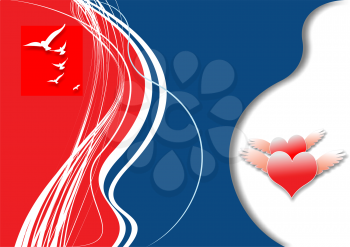 Royalty Free Clipart Image of a Background With Flying Hearts and Birds