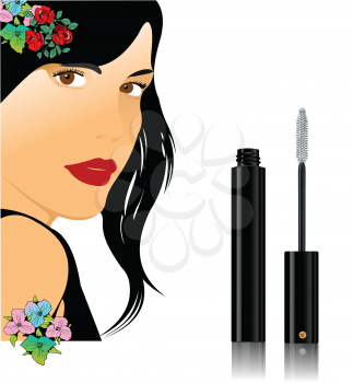 Royalty Free Clipart Image of a Woman With Flowers in Her Hair Beside Mascara