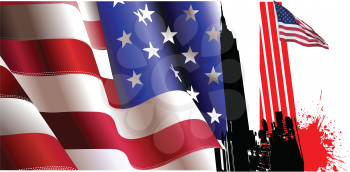 Royalty Free Clipart Image of an American Flag and Buildings