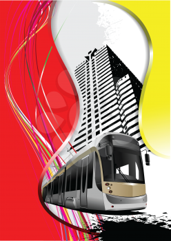 Royalty Free Clipart Image of a Bus and Building on an Abstract Background