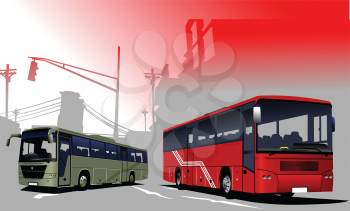 Royalty Free Clipart Image of Two Buses in the City