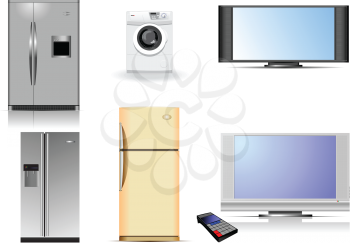 Royalty Free Clipart Image of Refrigerators, a Washer and Computers