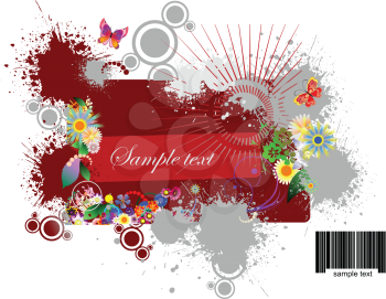 Royalty Free Clipart Image of Flowers and Butterflies Around a Red Band With Space for Text 
