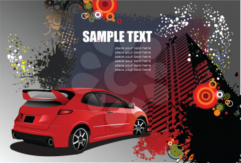 Royalty Free Clipart Image of a Grunge Background With a Red Car and Building