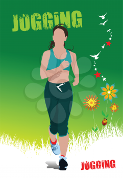 Green summer  poster with jogging woman. Vector illustration