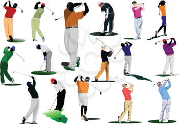 Sixteen Golfers hitting ball with iron club. Vector illustration