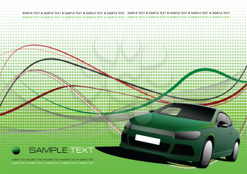 Green corporate abstract composition with green cas sedan image. Background. Vector illustration