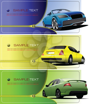 Three banners with Zipper open car. Vector illustration
