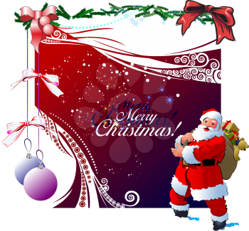Christmas - New Year shine card with golden balls and Santa and New year tree images. vector