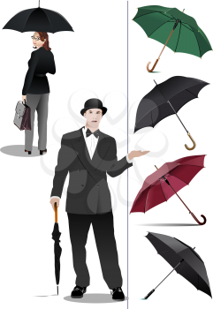 Four types of opened rain umbrella. Woman and gentleman with umbrella. Vector illustration