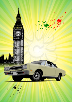 London poster  with Big Ben and fifty old rarity cabriolet image. Closed roof. Vector illustration