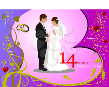 Valentine`s Day  Greeting Card with bride and groom images. Vector illustration. Invitation card