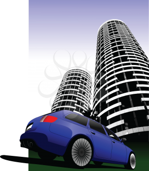 Blue colored car station on the road and city silhouette. Vector illustration